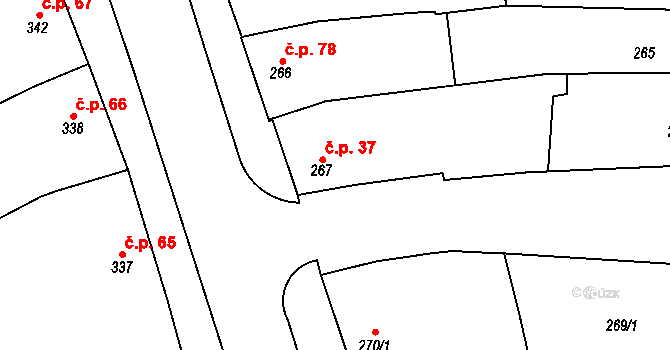 Uhřičice 37 na parcele st. 267 v KÚ Uhřičice, Katastrální mapa