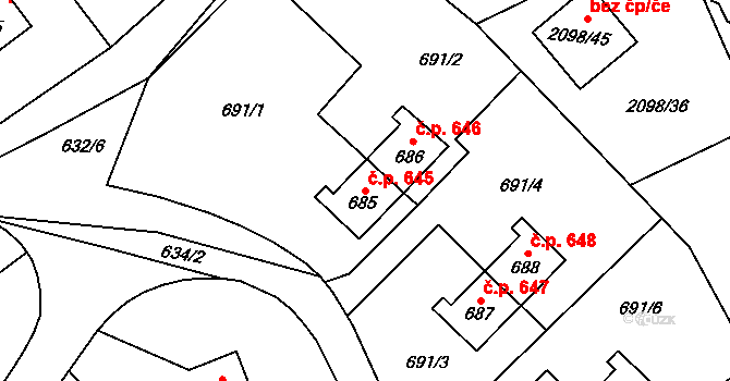 Libušín 645 na parcele st. 685 v KÚ Libušín, Katastrální mapa