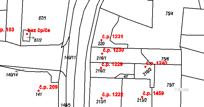 Švermov 1230, Kladno na parcele st. 216/1 v KÚ Hnidousy, Katastrální mapa