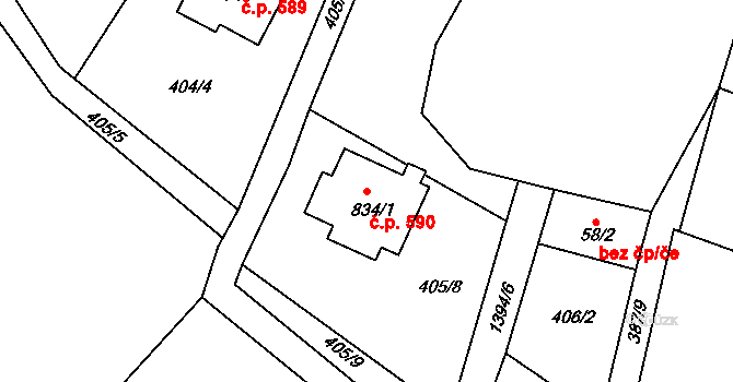 Raškovice 590 na parcele st. 834/1 v KÚ Raškovice, Katastrální mapa