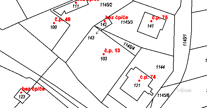 Želechovice 13 na parcele st. 103 v KÚ Želechovice u Uničova, Katastrální mapa