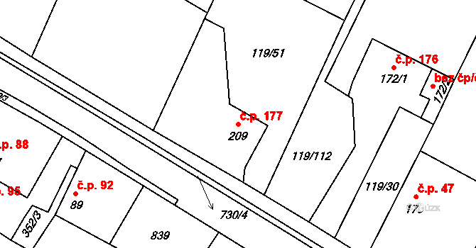 Mnetěš 177 na parcele st. 209 v KÚ Mnetěš, Katastrální mapa
