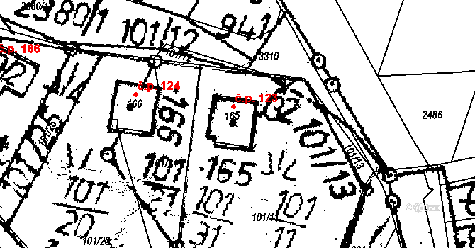 Těmice 123 na parcele st. 165 v KÚ Těmice u Kamenice nad Lipou, Katastrální mapa