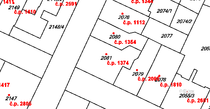 Teplice 1374 na parcele st. 2081 v KÚ Teplice, Katastrální mapa