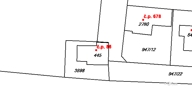 Plzeňské Předměstí 56, Rokycany na parcele st. 445 v KÚ Rokycany, Katastrální mapa