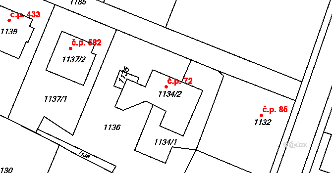 Jablůnka 72 na parcele st. 1134/2 v KÚ Jablůnka, Katastrální mapa
