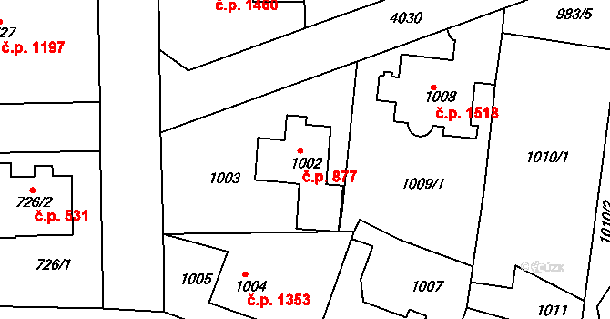 Modřany 877, Praha na parcele st. 1002 v KÚ Modřany, Katastrální mapa