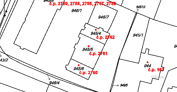 Smíchov 2761, Praha na parcele st. 945/5 v KÚ Smíchov, Katastrální mapa