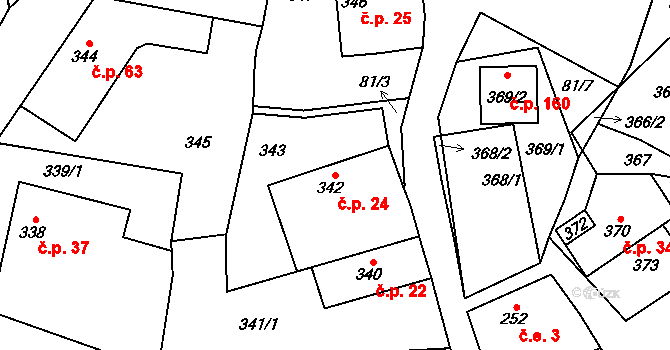 Lhota u Příbramě 24 na parcele st. 342 v KÚ Lhota u Příbramě, Katastrální mapa