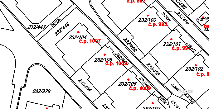 Lobzy 1008, Plzeň na parcele st. 232/105 v KÚ Lobzy, Katastrální mapa