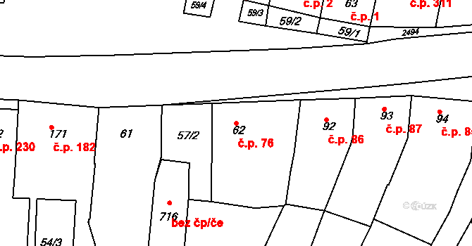 Čebín 76 na parcele st. 62 v KÚ Čebín, Katastrální mapa