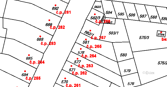Rajhradice 265 na parcele st. 581 v KÚ Rajhradice, Katastrální mapa