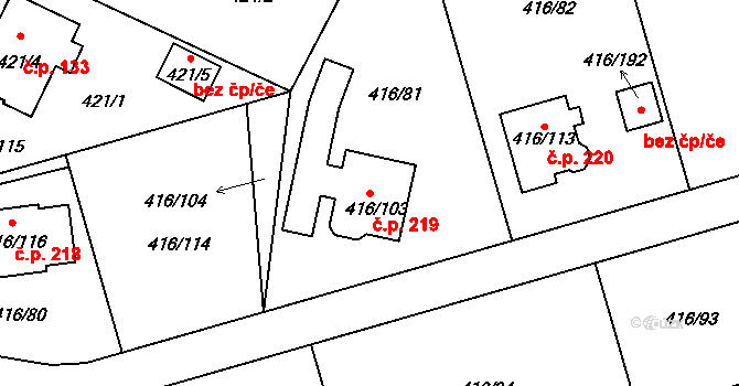 Chlum 219, Křemže na parcele st. 416/103 v KÚ Chlum u Křemže, Katastrální mapa