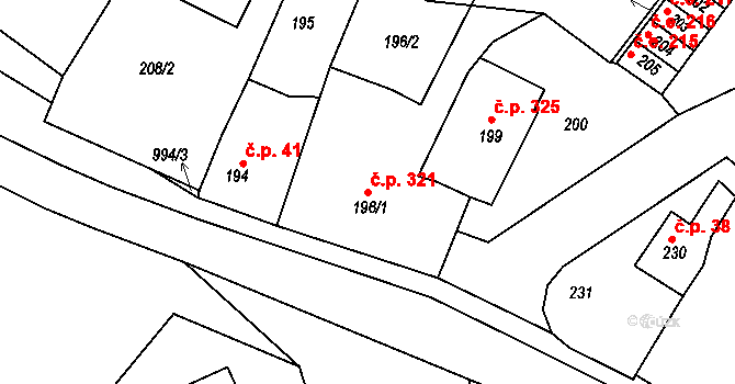 Bystřice nad Pernštejnem 321 na parcele st. 196/1 v KÚ Bystřice nad Pernštejnem, Katastrální mapa
