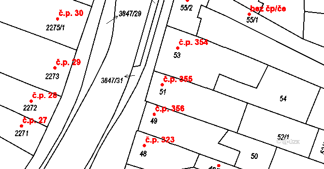Kunovice 355 na parcele st. 51 v KÚ Kunovice u Uherského Hradiště, Katastrální mapa