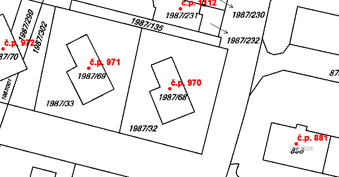 Nýřany 970 na parcele st. 1987/68 v KÚ Nýřany, Katastrální mapa