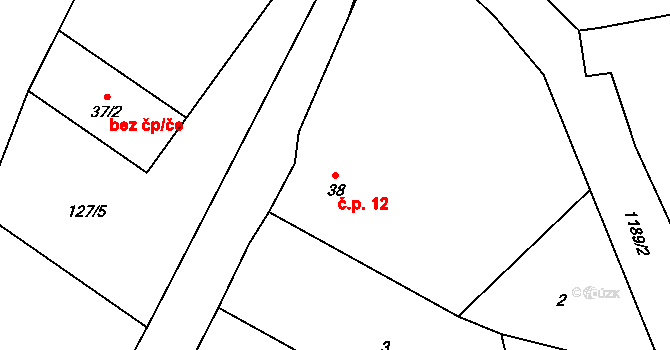 Mlýny 12 na parcele st. 38 v KÚ Mlýny u Choustníku, Katastrální mapa