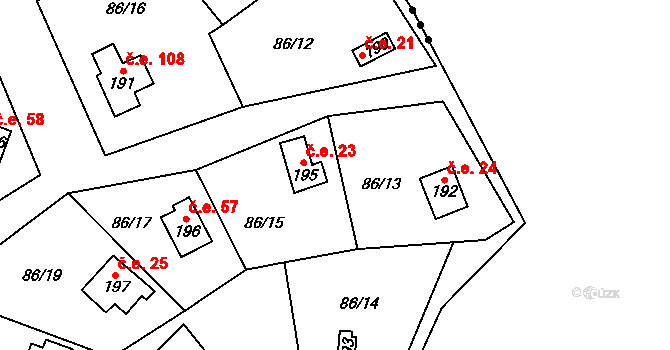 Vrbatův Kostelec 23 na parcele st. 195 v KÚ Vrbatův Kostelec, Katastrální mapa