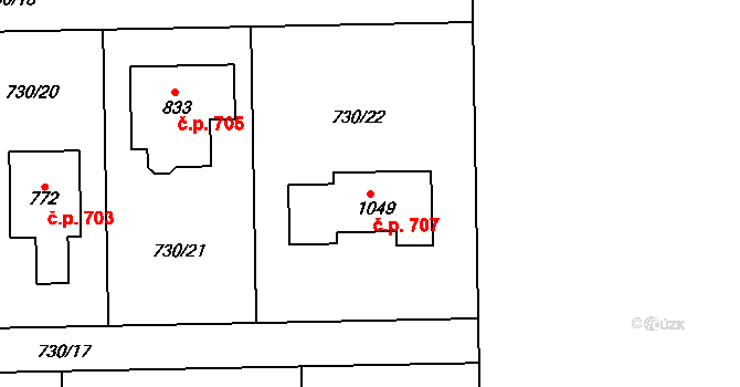 Sulice 707 na parcele st. 1049 v KÚ Sulice, Katastrální mapa