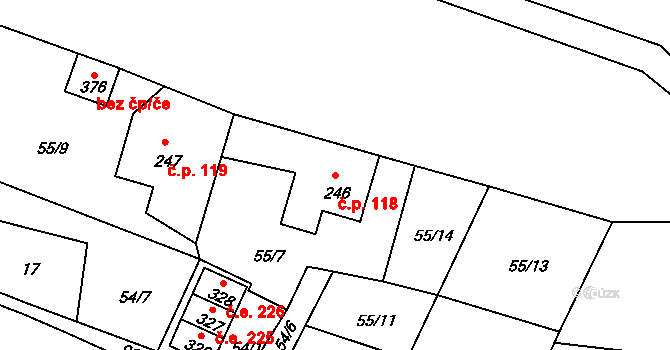 Modrá 118, Jílové na parcele st. 246 v KÚ Modrá u Děčína, Katastrální mapa