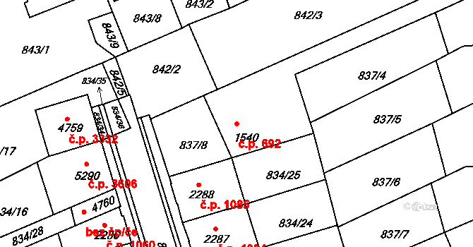 Kroměříž 692 na parcele st. 1540 v KÚ Kroměříž, Katastrální mapa