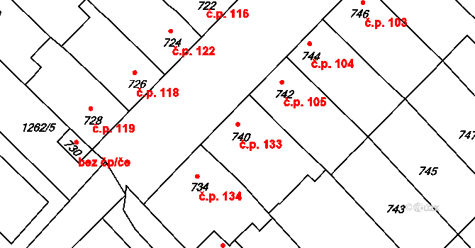 Bedihošť 133 na parcele st. 740 v KÚ Bedihošť, Katastrální mapa