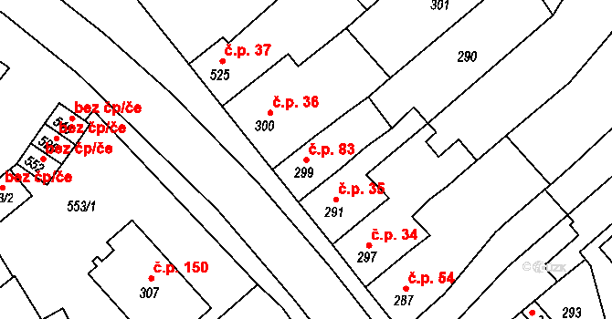 Mořice 83 na parcele st. 299 v KÚ Mořice, Katastrální mapa