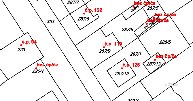 Borotice 119 na parcele st. 287/9 v KÚ Borotice nad Jevišovkou, Katastrální mapa