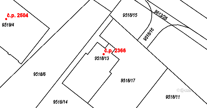 Žďár nad Sázavou 1 2366, Žďár nad Sázavou na parcele st. 9518/13 v KÚ Město Žďár, Katastrální mapa