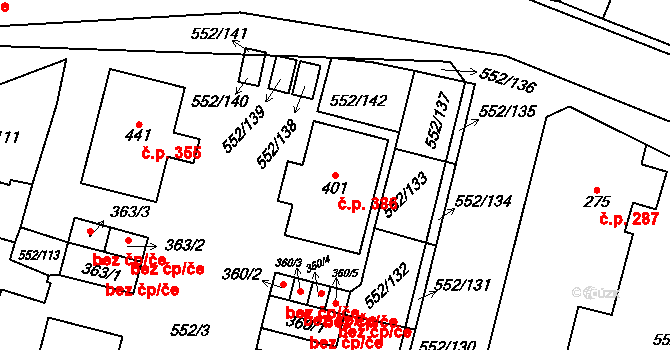 Líbeznice 386 na parcele st. 401 v KÚ Líbeznice, Katastrální mapa