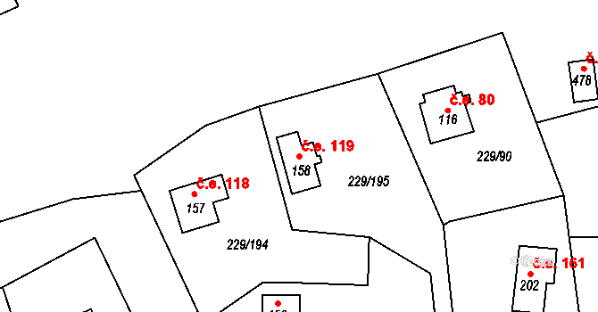 Hostěradice 119, Kamenný Přívoz na parcele st. 158 v KÚ Hostěradice, Katastrální mapa