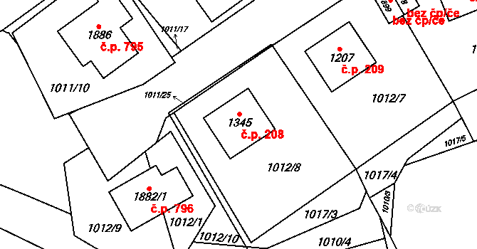 Planá 208 na parcele st. 1345 v KÚ Planá u Mariánských Lázní, Katastrální mapa