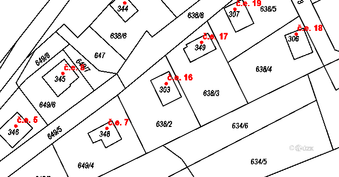 Broumy 16 na parcele st. 303 v KÚ Broumy, Katastrální mapa