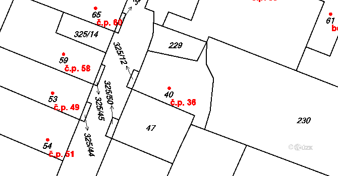 Chodouny 36 na parcele st. 40 v KÚ Chodouny, Katastrální mapa