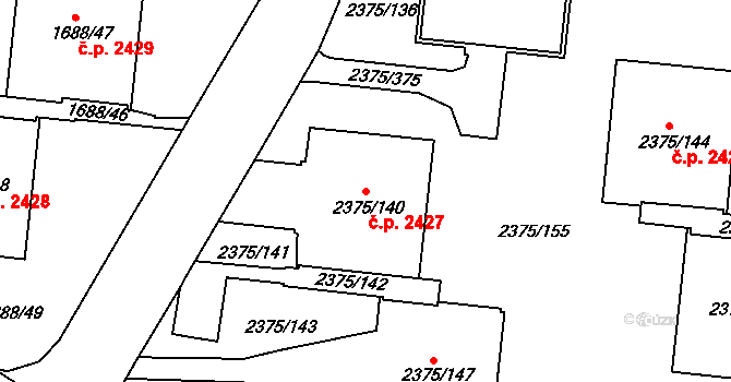 Žabovřesky 2427, Brno na parcele st. 2375/140 v KÚ Žabovřesky, Katastrální mapa