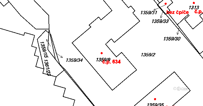 Pelhřimov 634 na parcele st. 1359/9 v KÚ Pelhřimov, Katastrální mapa