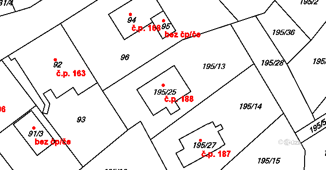 Hudcov 188, Teplice na parcele st. 195/25 v KÚ Hudcov, Katastrální mapa