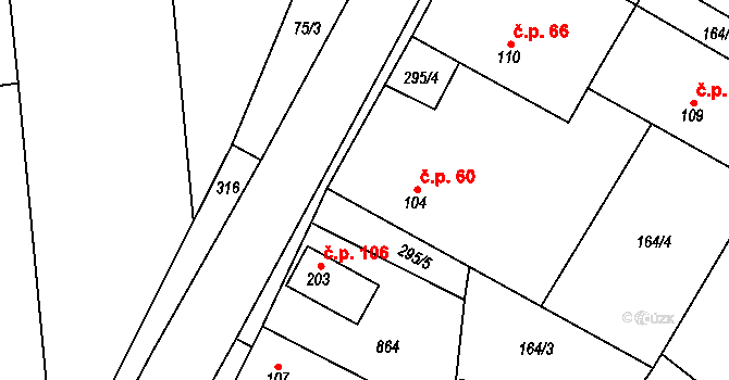 Mžany 60 na parcele st. 104 v KÚ Mžany, Katastrální mapa
