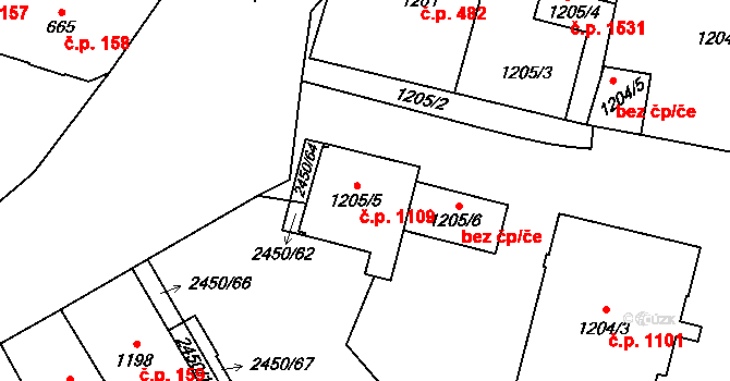 Hostivař 1109, Praha na parcele st. 1205/5 v KÚ Hostivař, Katastrální mapa