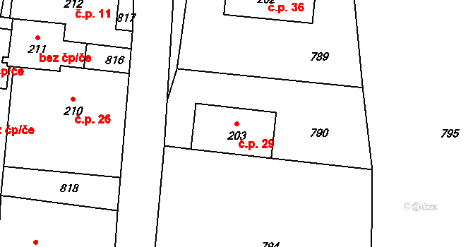 Husa 29, Paceřice na parcele st. 203 v KÚ Paceřice, Katastrální mapa