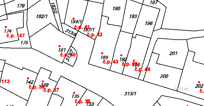 Horákov 43, Mokrá-Horákov na parcele st. 189 v KÚ Horákov, Katastrální mapa