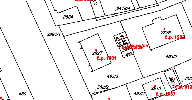 Česká Třebová 1901 na parcele st. 2827 v KÚ Česká Třebová, Katastrální mapa
