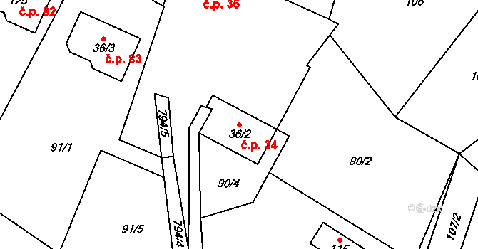 Líšnice 34 na parcele st. 36/2 v KÚ Líšnice u Mohelnice, Katastrální mapa