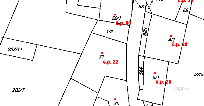 Lžovice 22, Týnec nad Labem na parcele st. 31 v KÚ Lžovice, Katastrální mapa
