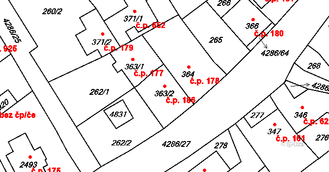 Frenštát pod Radhoštěm 186 na parcele st. 363/2 v KÚ Frenštát pod Radhoštěm, Katastrální mapa