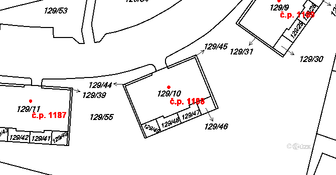 Jilemnice 1188 na parcele st. 129/10 v KÚ Jilemnice, Katastrální mapa