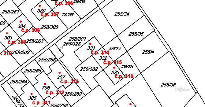 Jenštejn 315 na parcele st. 332 v KÚ Jenštejn, Katastrální mapa