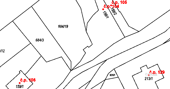 Spálené 104, Holčovice na parcele st. 158/1 v KÚ Spálené, Katastrální mapa