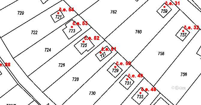 Hamry nad Sázavou 51 na parcele st. 727 v KÚ Hamry nad Sázavou, Katastrální mapa