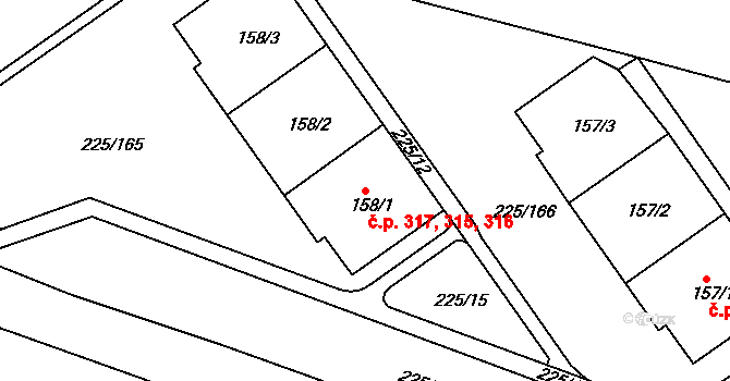 Meziboří 315,316,317 na parcele st. 158/1 v KÚ Meziboří u Litvínova, Katastrální mapa